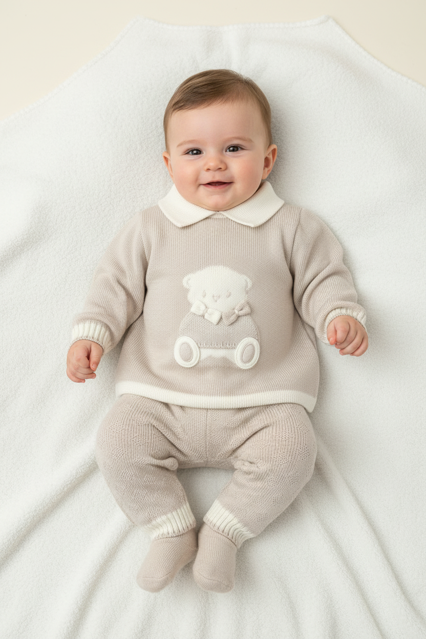 Boys Tan & Ivory Bear knit set Made In Italy