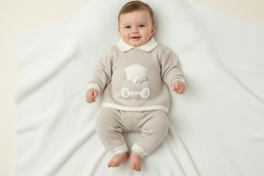 Boys Tan & Ivory Bear knit set Made In Italy