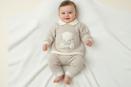 Boys Tan & Ivory Bear knit set Made In Italy
