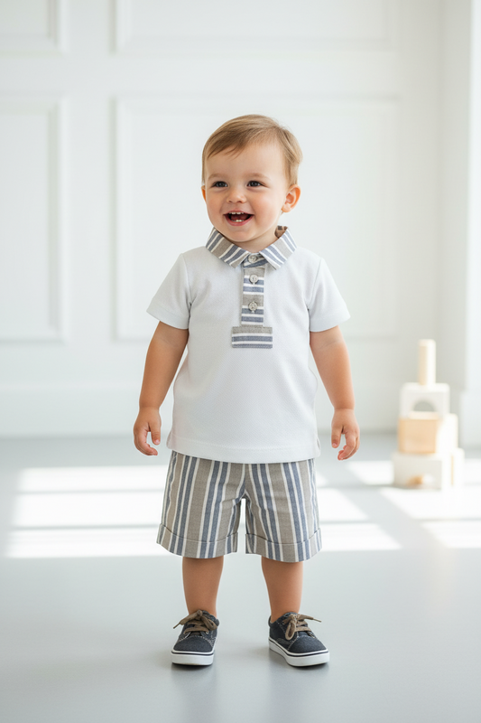 Bimbalo Boys polo Shirt white with striped  shorts set made in Italy for