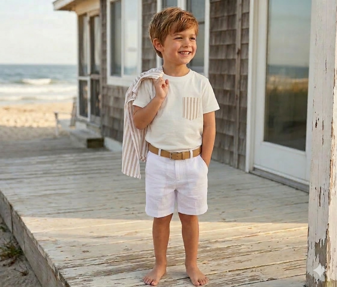 Boys Coastal Linen Outfit Set - Beige & White