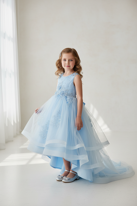 Sky Blue Princess Glitter & Lace High-Low Dress