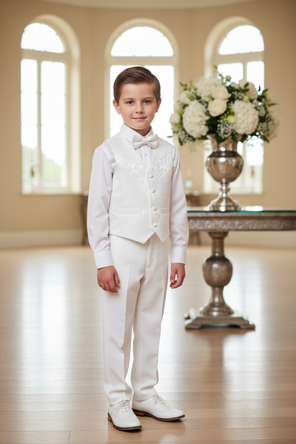 7-year-old boy wearing white brocade vest