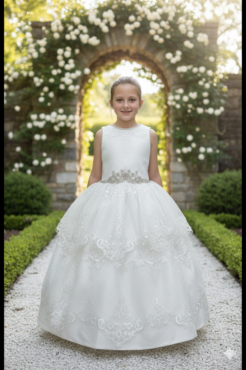 7-year-old girl in white communion dress