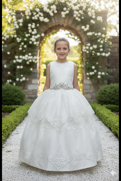 7-year-old girl in white communion dress