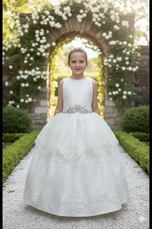 7-year-old girl in white communion dress