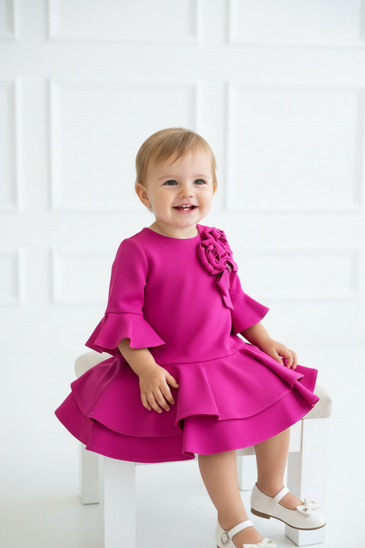 GirlsbFuchsia  cotton dress with flair belle Sleeves Made In Italy