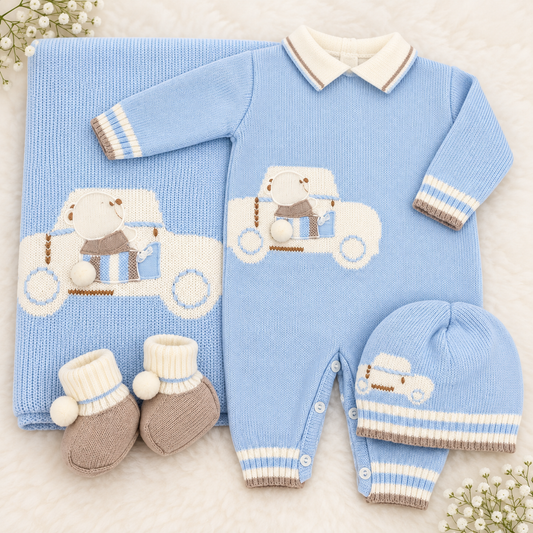 Baby Blue Teddy Car Knit Romper Made In Italy