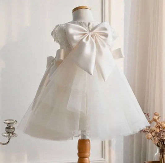 Ivory Lace & Satin Bow Baby Dress