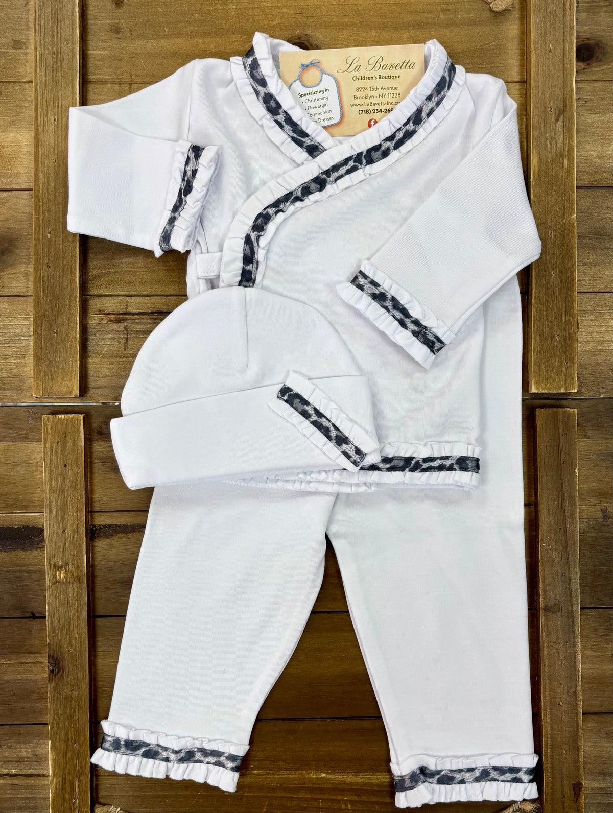Baby 3-Piece Take-Home Set – White with Leopard Trim