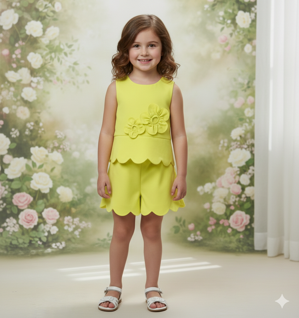 Girls shorts Crepe Yellow Jumpsuit with 3D Flower