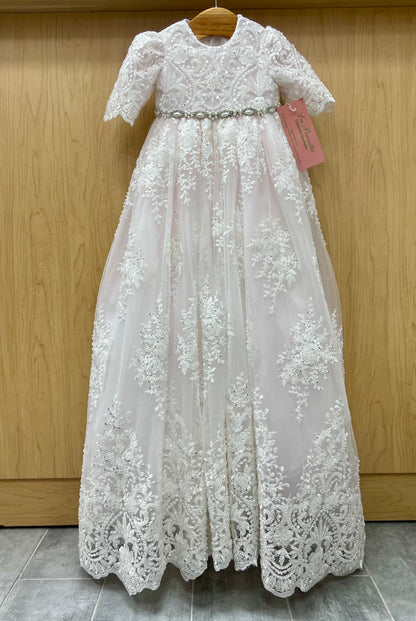 pink christening dress for women White Lace & Blush Pink Baby Girl Dress with Pearl Bow and Matching Shoes Elegant Birthday, Wedding & Christening Outfit 5T
