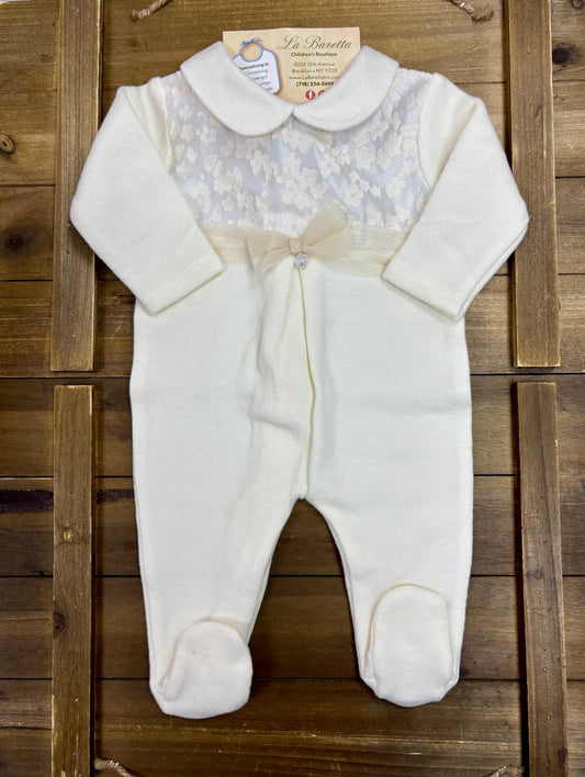 Ivory Baby Footed Sleeper with Floral Lace Yoke & Bow Detail Made In Italy