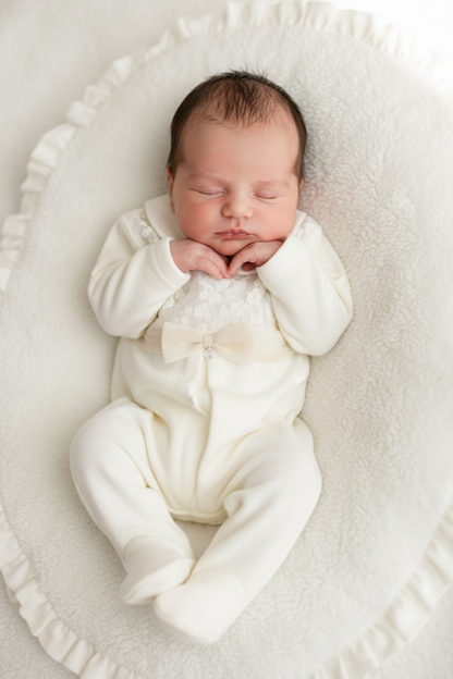 Ivory Baby Footed Sleeper with Floral Lace Yoke & Bow Detail Made In Italy