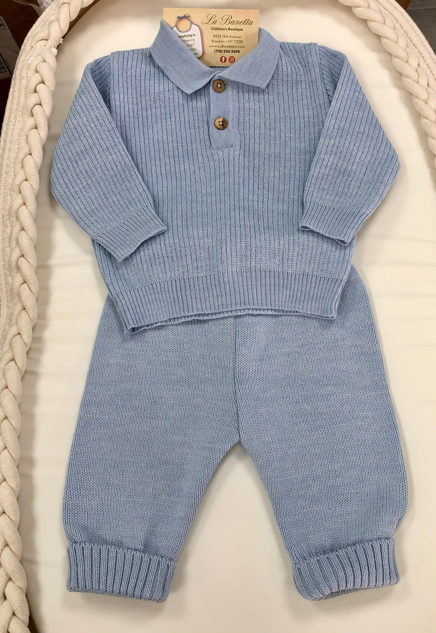 Baby Boys 2pc Ribbed Blue Pants set Made In Italy