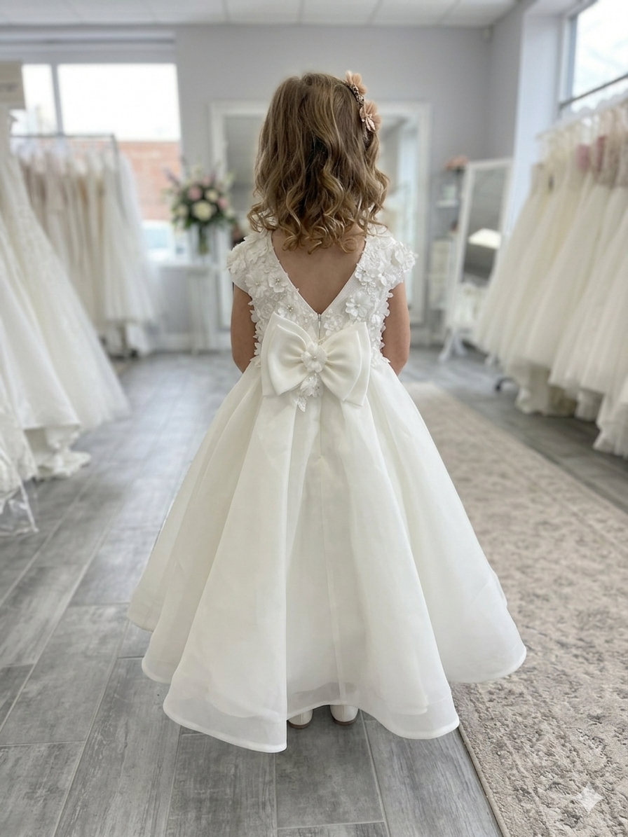 Light Ivory 3D Floral Organza Flower Girl Dress with Bow