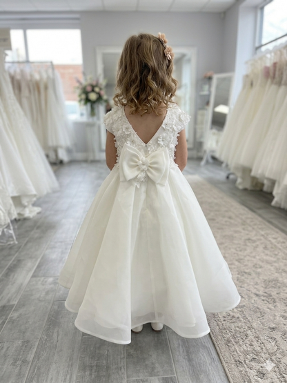 Light Ivory 3D Floral Organza Flower Girl Dress with Bow