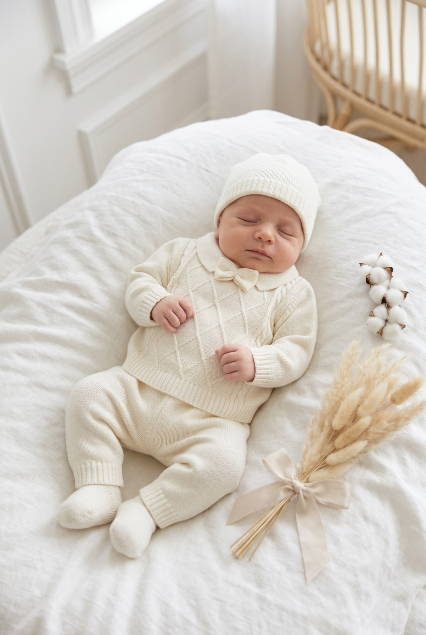 Ivory Cable-Knit Baby Set with Bow Tie Detail Made In Italy