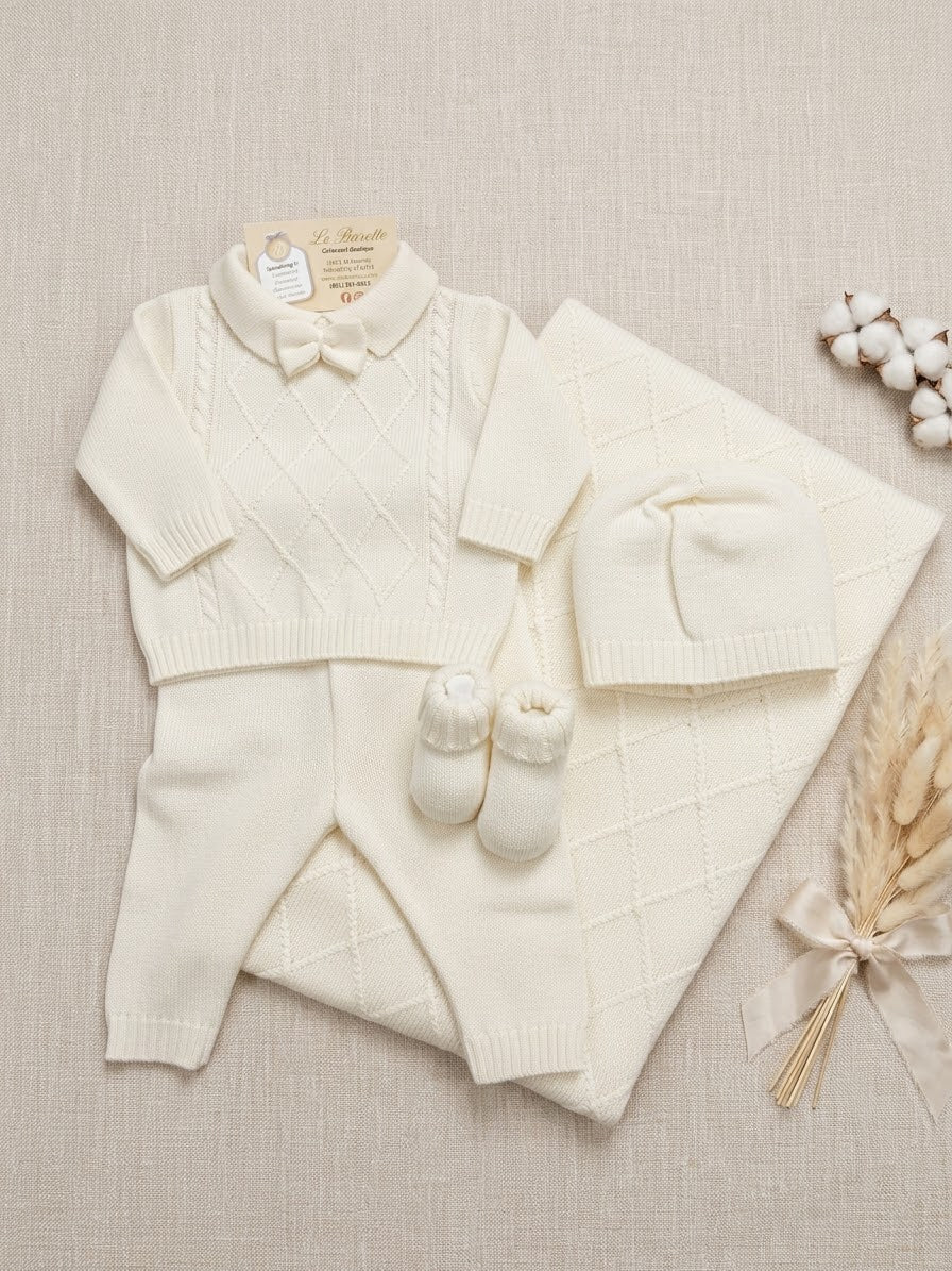 Ivory Cable-Knit Baby Set with Bow Tie Detail Made In Italy