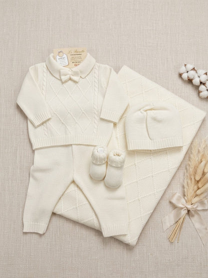 Ivory Cable-Knit Baby Set with Bow Tie Detail Made In Italy