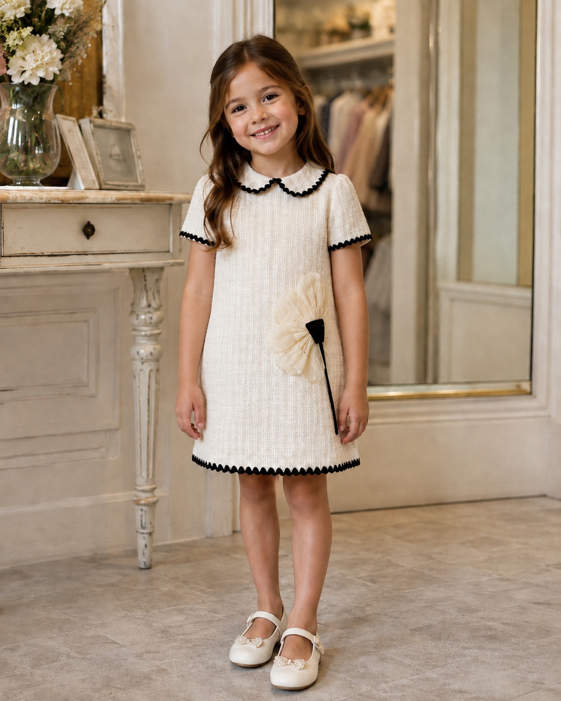Girls' Ivory Tweed Dress with Black Scalloped Trim