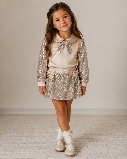 Girls' Champagne Sequin Two-Piece Set – Satin Top & Sparkle Skirt