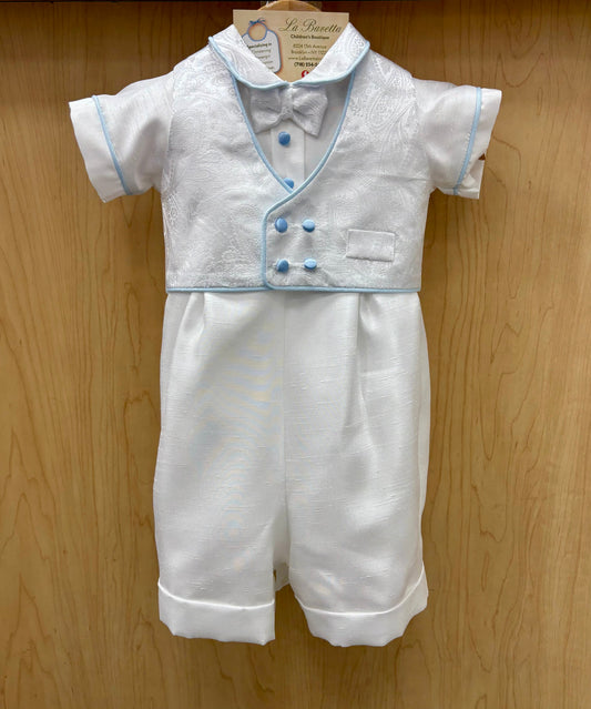 Boys Christening Blue  Gerry romper shorts Set with Brocade Vest & Bow Tie