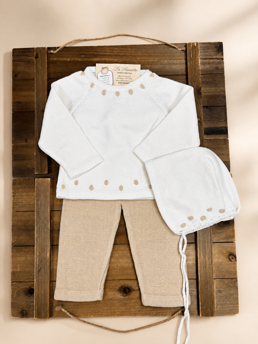 Baby 3-Piece Knit Set – White & Beige