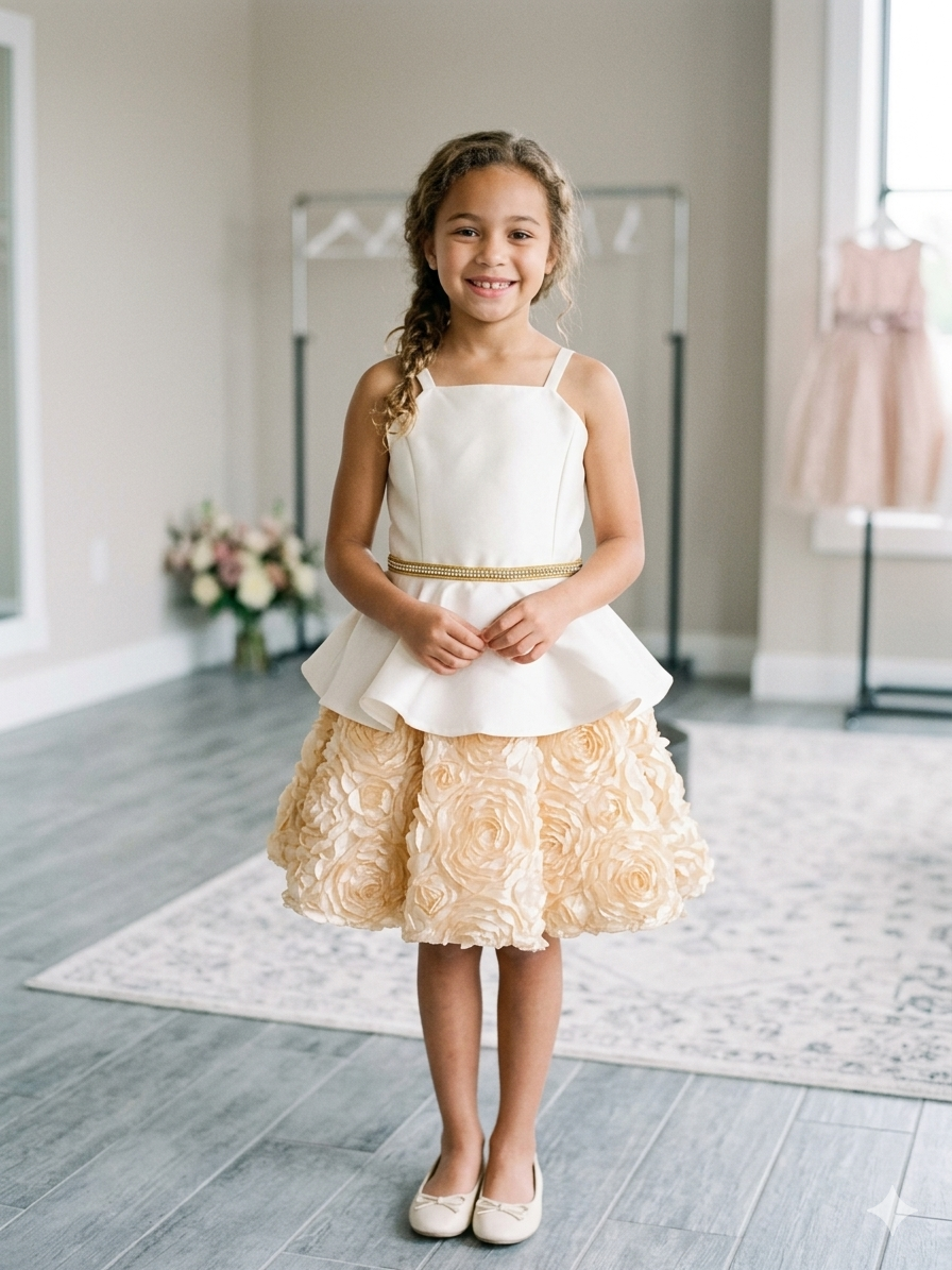 Ivory & Champagne Rosette Girls Dress