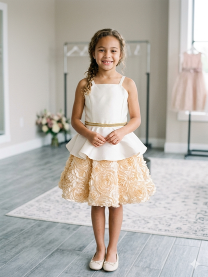 Ivory & Champagne Rosette Girls Dress