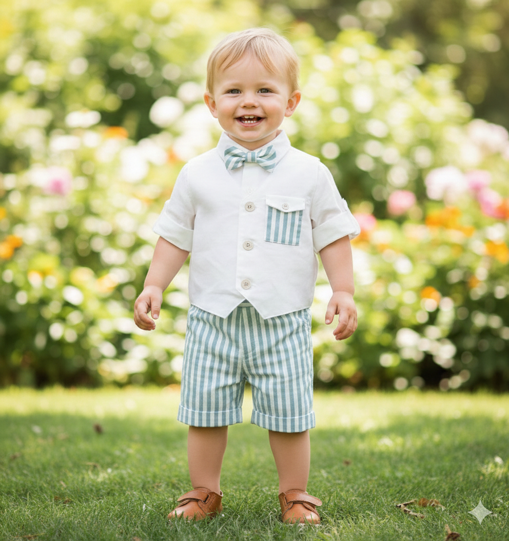 Formal and Trendy Boys green and white stripes shorts set made in Italy