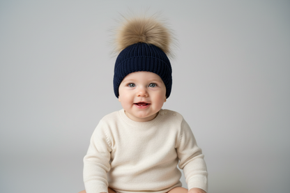 Bimbalo Navy knit Hat with fur pompom A4-10N made in Italy