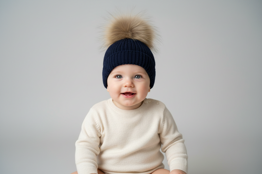 Bimbalo Navy knit Hat with fur pompom A4-10N made in Italy