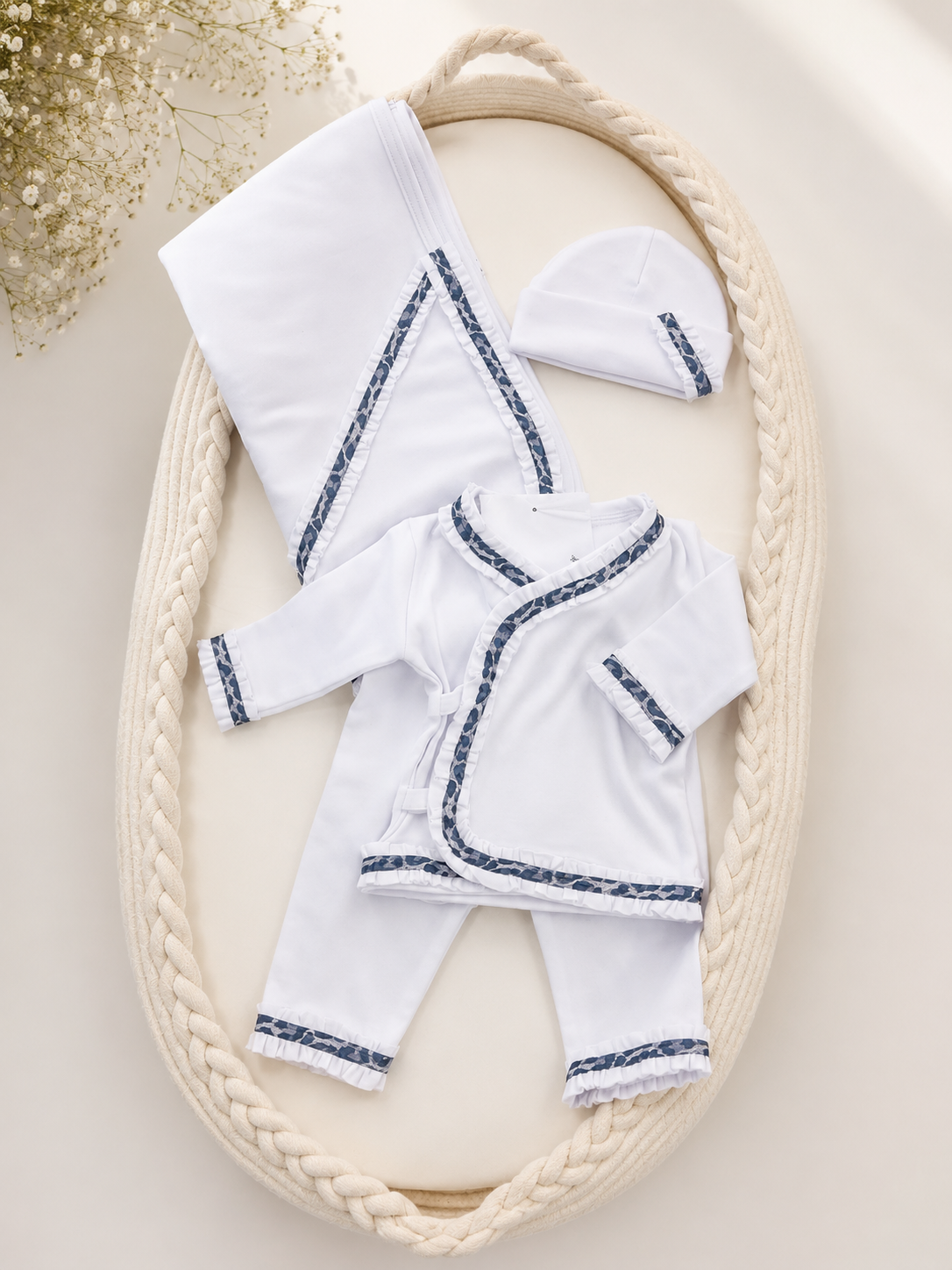 Baby Take-Home Set with black & grey leopard Trim – 4 Piece