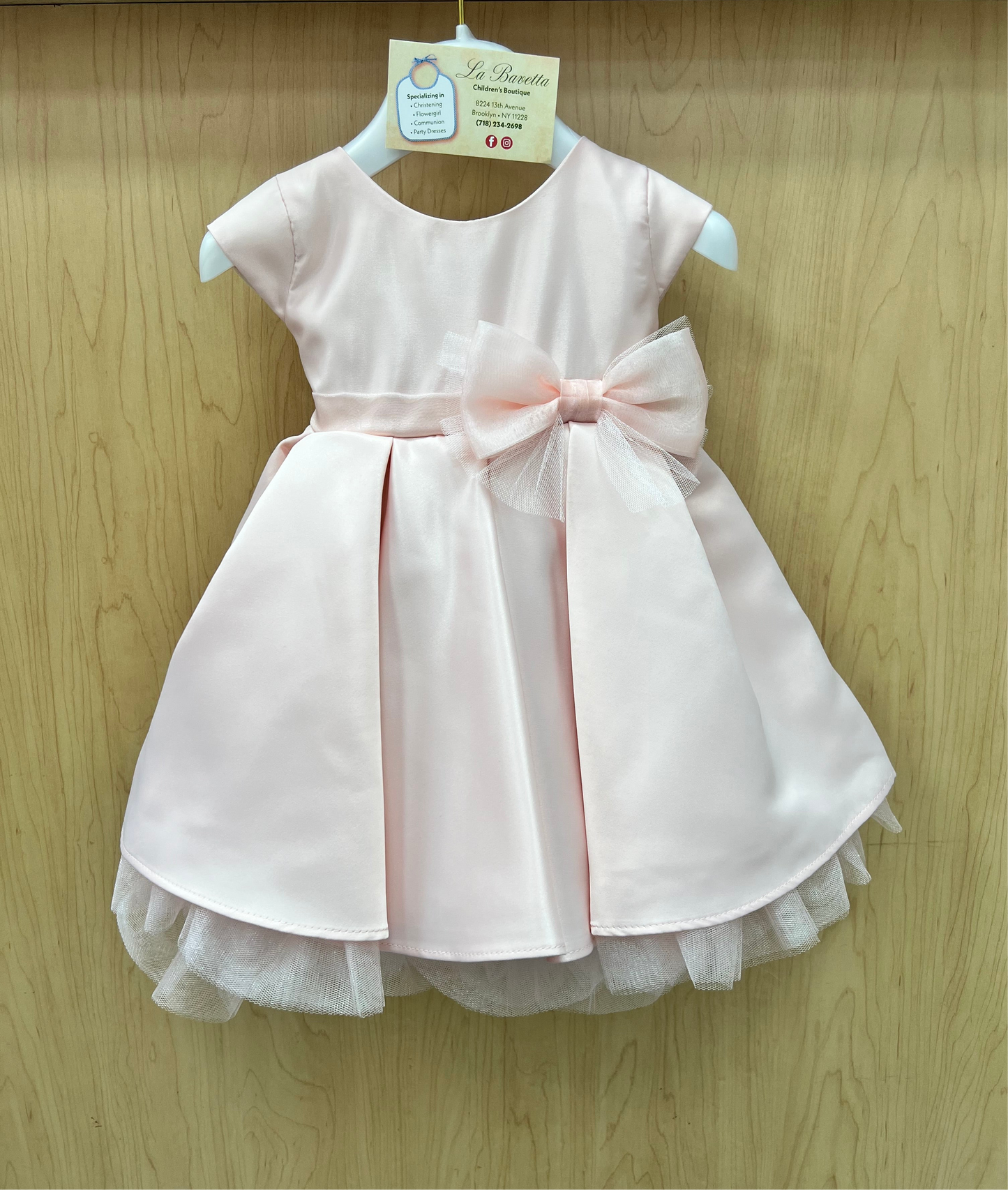 Pleated satin & peek a boo tulle dress with bow: Petal Pink SK711