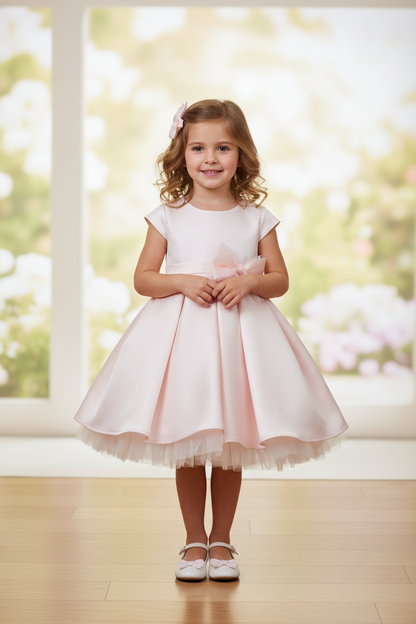 Pleated satin & peek a boo tulle dress with bow: Petal Pink