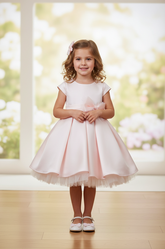 Pleated satin & peek a boo tulle dress with bow: Petal Pink