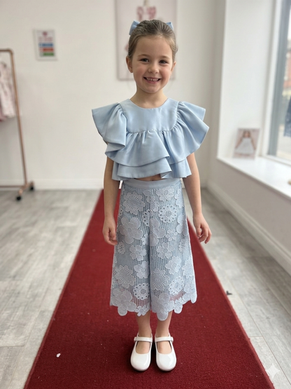 Sky Blue Ruffle Top & Lace Culottes Set