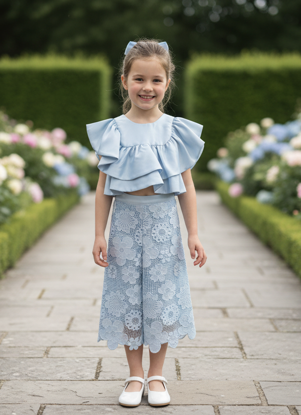 Sky Blue Ruffle Top & Lace Culottes Set