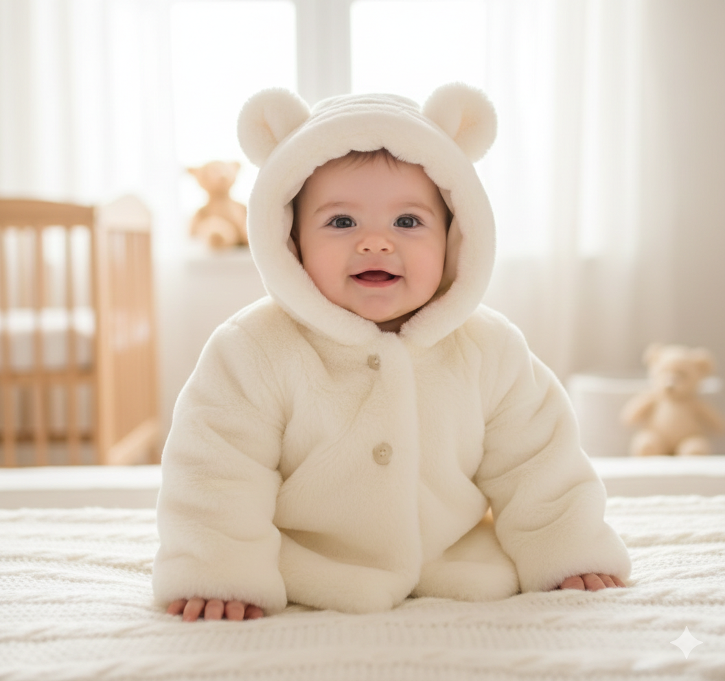 Baby’s white plush faux fur jacket