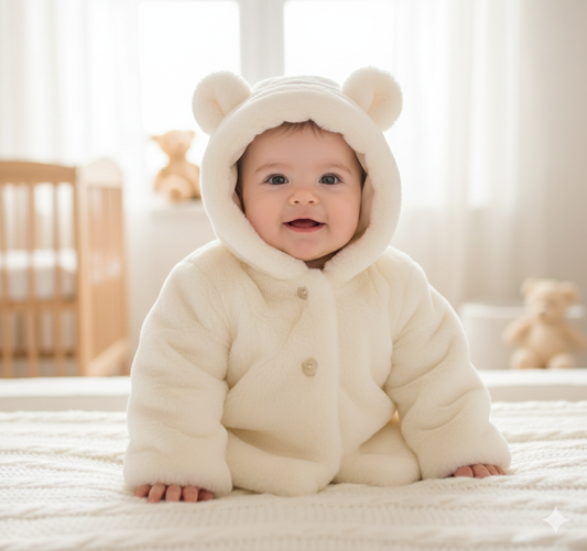 Baby’s white plush faux fur jacket