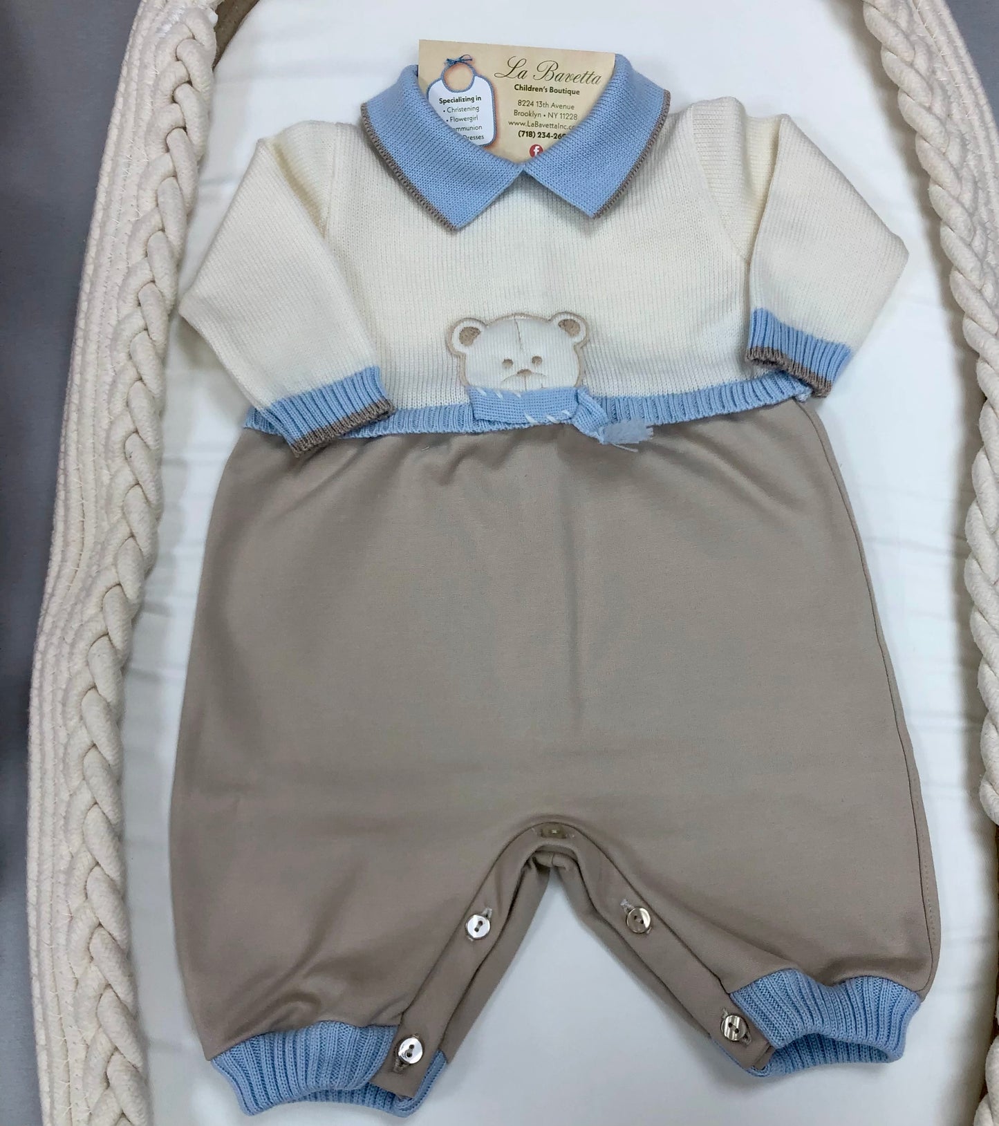 Boys one pc ivory and powder blue Romper with Teddy Bear. Made In Italy