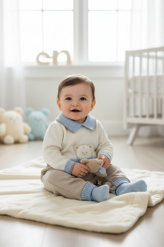 Boys one pc ivory and powder blue Romper with Teddy Bear. Made In Italy