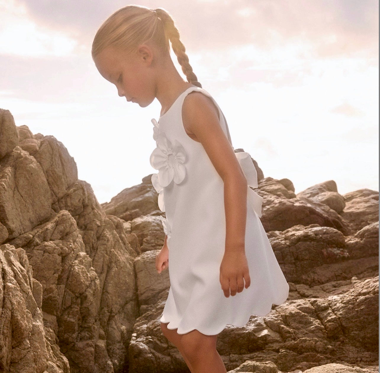 Girls ivory/white  crepe dress with flower appliqués