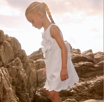 Girls ivory/white  crepe dress with flower appliqués
