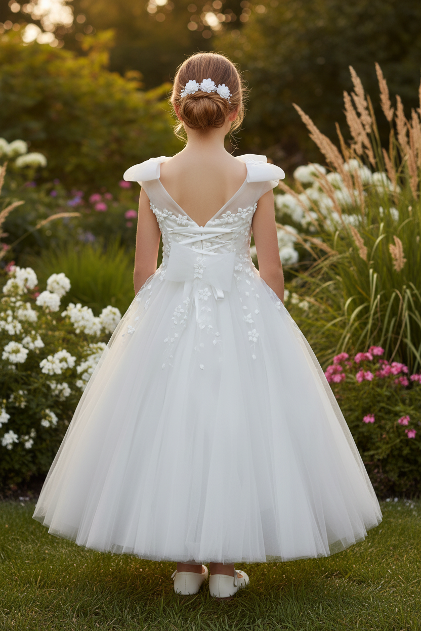 8-year-old girl wearing communion dress - back view with elegant background