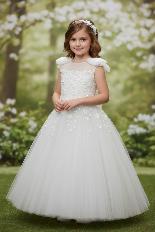 8-year-old girl wearing communion dress - front view with elegant background