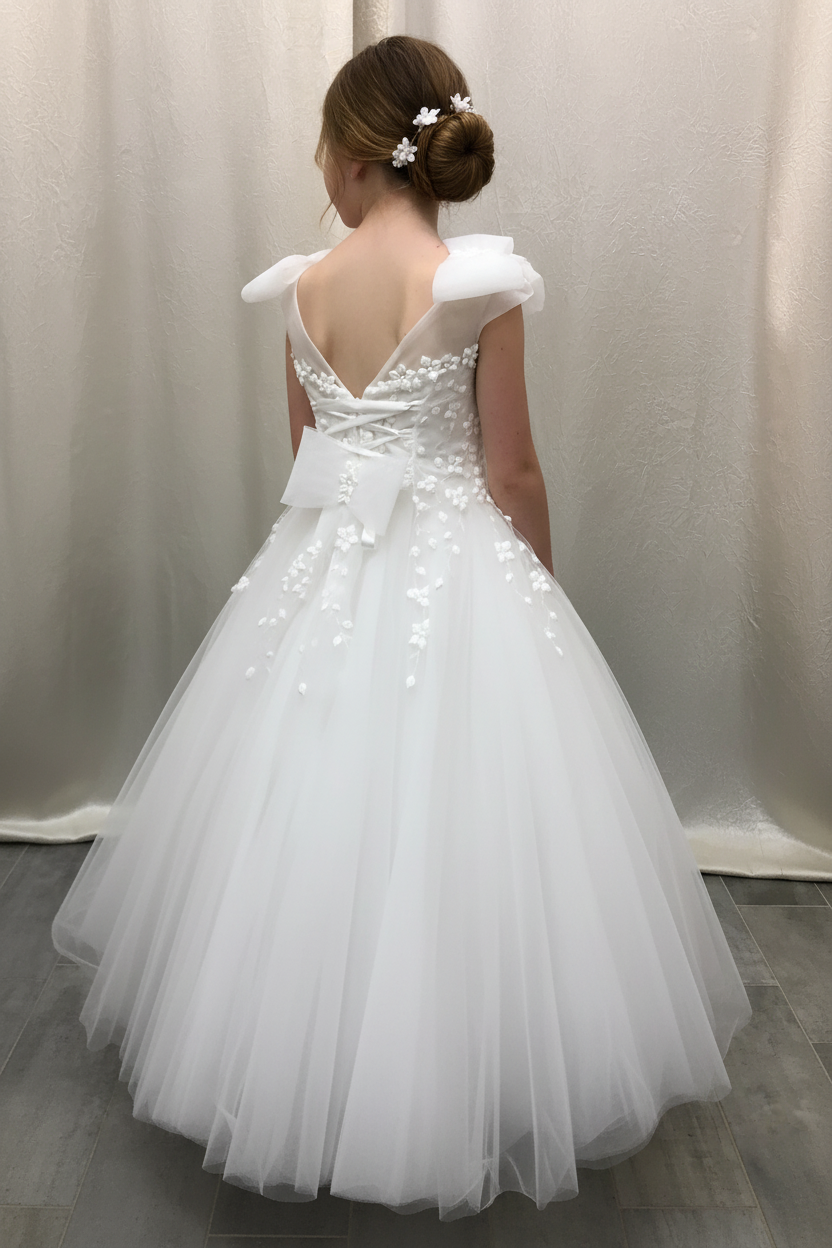 8-year-old girl wearing Michelina Bimbi communion dress - back view