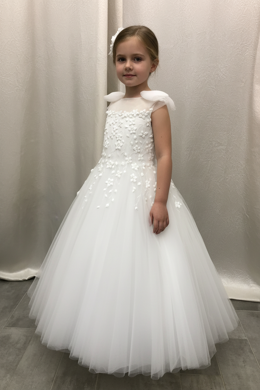 8-year-old girl wearing Michelina Bimbi communion dress - front view