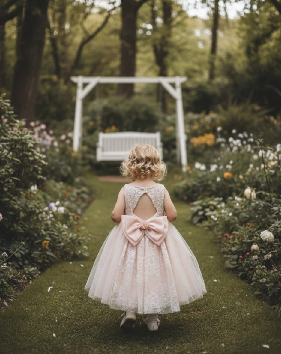 Pink Pearl Lace Baby Dress with Bow & Headband